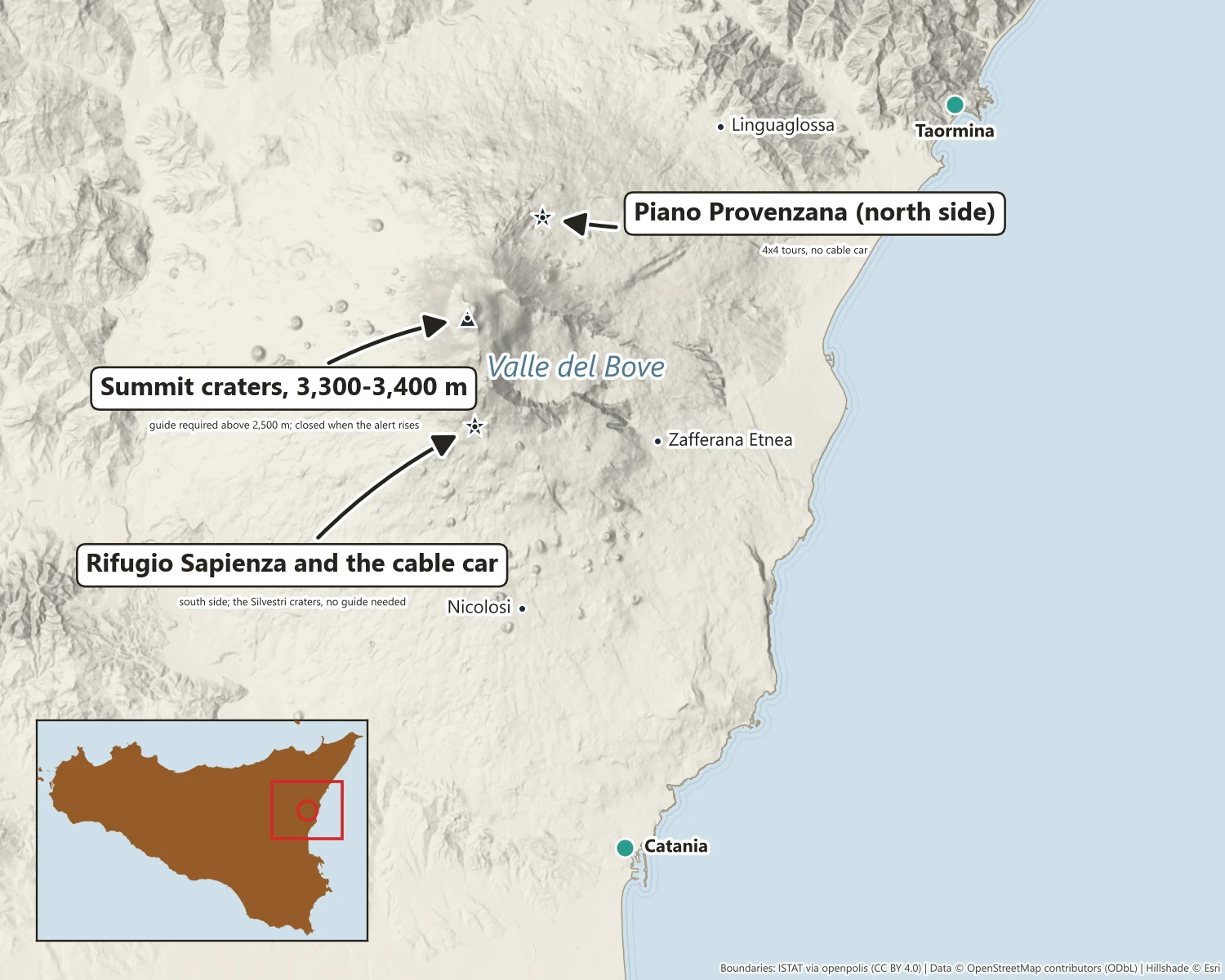 Map of Mount Etna marking the summit craters, Rifugio Sapienza and the cable car on the south side, Piano Provenzana on the north side, and Catania and Taormina where most tours start